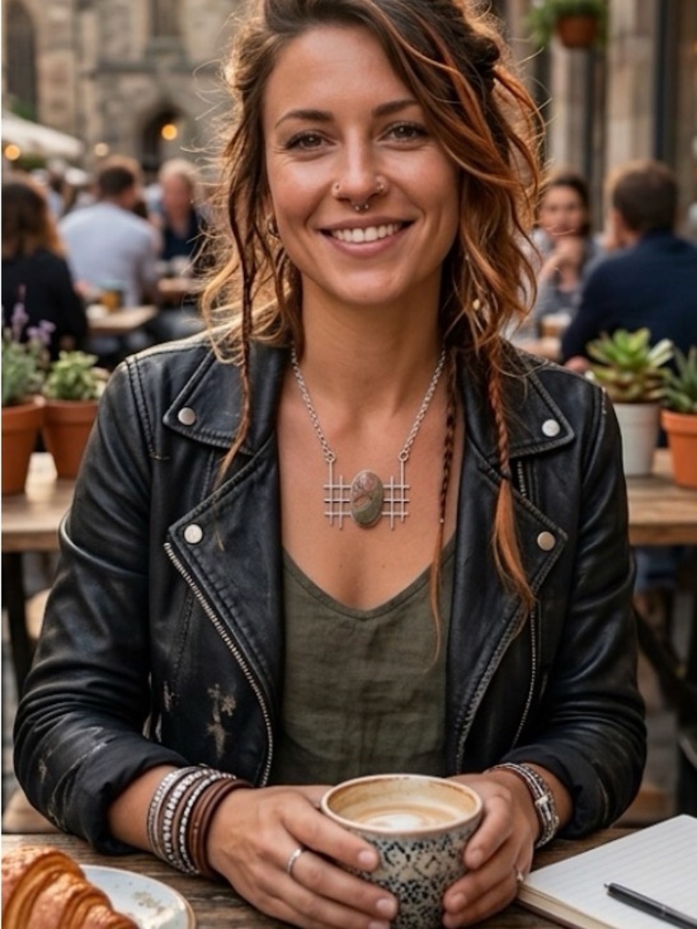 Unakite Geometric Pendant Necklace | Edgy Boho Sterling Silver Plated